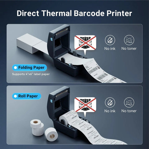 Built Like A Tank Thermal Shipping Label Printer Smashes Out Your 4x6 Labels At Six Ips With This Plug And Play Usb Device, showing labels printed on roll and folding paper.
