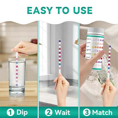 Straight To The Point Heavy Metal Water Test Strips For Kitchen Faucet And Well Checks Plus Nickel Lead Copper Arsenic Detection Kit showing usage steps.