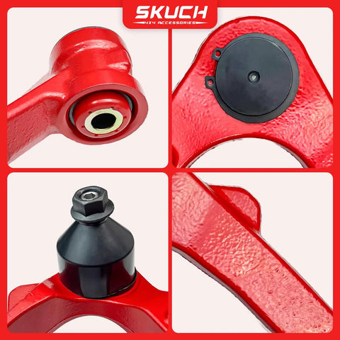 Beefed Up Front End Lower And Upper Control Arms Suspension Kit With 4 Control Arms And Ball Joints Tie Rods And 2 Sway Bars For Chevy GMC Silverado Sierra Avalanche Suburban Yukon XL 1500 Tahoe, red coated close-up