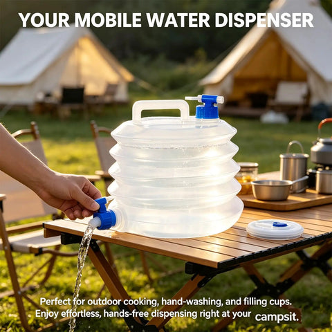 Portable Collapsible Water Container With Spigot For Camping And Road Trips on picnic table with water pouring