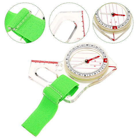 Thumb Orienteering Compass For Hiking And Camping, Quick Reset Needle, Portable Acrylic Navigation Tool with green strap.