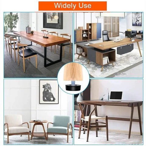 Collage of furniture with adjustable threaded chair feet floor protectors 50 pack with silent damping no slip base pads for stability.