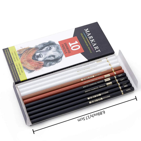 Charcoal Pencils For Drawing Set 10 Pack Includes Black White Brown Suntan Assorted Pencils For Sketching Shading And Blending Non Toxic Artist Pencils For Beginners And Pros in open box, assorted colors visible.