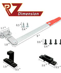 Emergency RV Window Latch Locks For Camper Exit Doors With Red Handle Aluminum Screen Security Bars Easy Install And Ultra Durable Egress Support For Travel Trailers On The Road Ready And Weatherproof For Camping Life, shown with dimensions and screws.