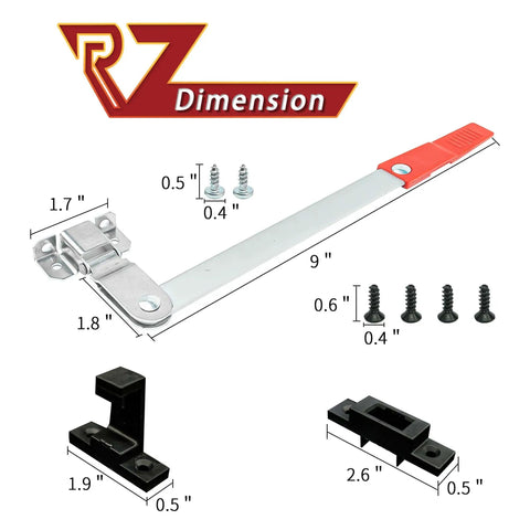Emergency RV Window Latch Locks For Camper Exit Doors With Red Handle Aluminum Screen Security Bars Easy Install And Ultra Durable Egress Support For Travel Trailers On The Road Ready And Weatherproof For Camping Life, shown with dimensions and screws.