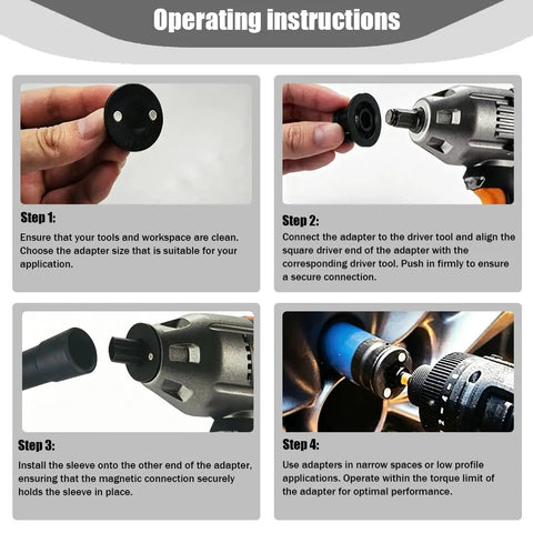 Huge Low Profile Impact Socket Adapter Kit For Tight Spaces. Cr-Mo steel magnetic adapter on impact driver in narrow workspace.