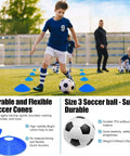 Backyard Kids Soccer Goals Set Two Pack Portable Pop Up Nets With Ball Cones Pump And Ground Stakes Complete Training Gear Kit For Kids Ages 3 To 14 Outdoor Sports Fun, featuring a child dribbling a soccer ball through blue cones on grass with an adult and child in the background.