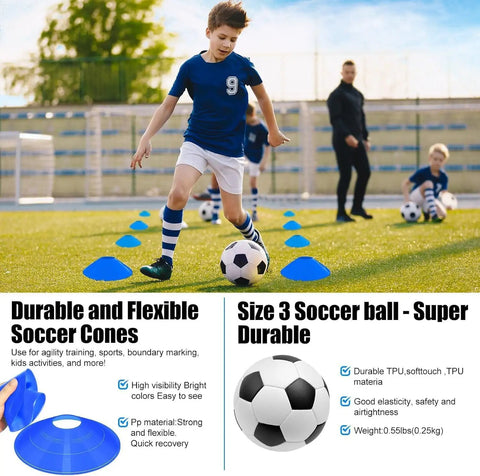 Backyard Kids Soccer Goals Set Two Pack Portable Pop Up Nets With Ball Cones Pump And Ground Stakes Complete Training Gear Kit For Kids Ages 3 To 14 Outdoor Sports Fun, featuring a child dribbling a soccer ball through blue cones on grass with an adult and child in the background.