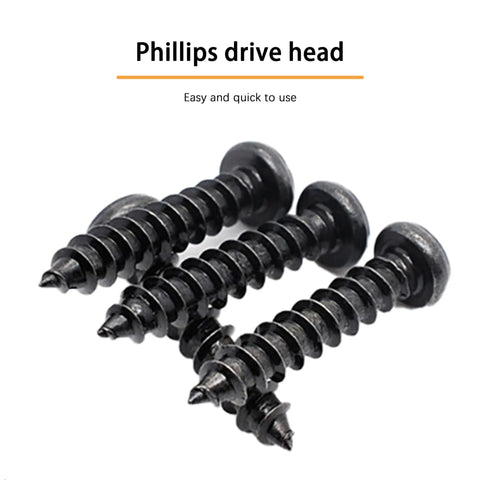 Heavy Duty No 4 Wood Screws Three Quarters Inch Black Zinc Plated Carbon Steel Phillips Pan Head Self Tapping Full Thread