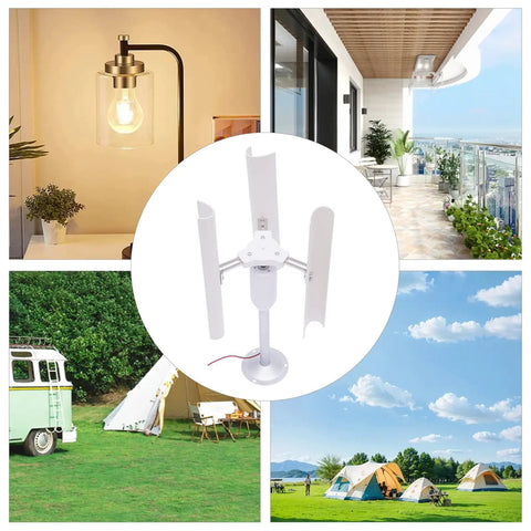 Vertical Wind Turbine Generator Kit 12V with 3 blades shown outdoors and near various settings, weatherproof design