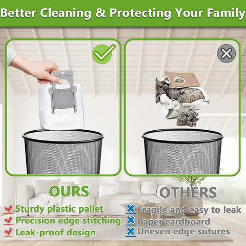 Comparison of 16 Pack Replacement Heavy Duty Vacuum Bags and competitors above trash cans in a living room