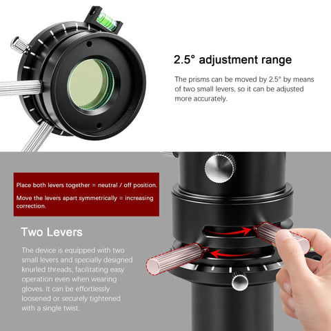 Close-up of 1.25 Inch Atmospheric Dispersion Corrector ADC for Telescopes showing adjustment levers and bubble level.