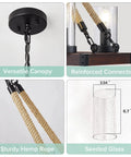 Farmhouse Iron Chandelier With Faux Wood Finish 8 Socket Rectangular Pendant Light for Kitchen Island details: canopy, rope, glass, connections