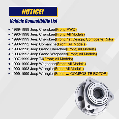 Front Wheel Bearing Hub Assembly For Jeep Cherokee 1989 to 1999, Comanche 1990 to 1992, Grand Cherokee 1993 to 1998, TJ 1997 to 1999