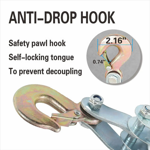 Close-up of anti-drop hook on Beefy 2 Ton Rope Hoist Pulley Kit With 65 Ft 0.3 In Poly Rope 7To1 Wheel Block and Tackle.