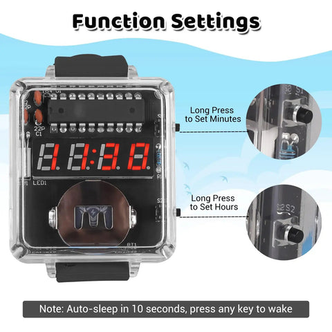 Beginner Friendly Electronic Watch Soldering Kit With Ten Second Auto Sleep Mode showing function settings, display, and buttons