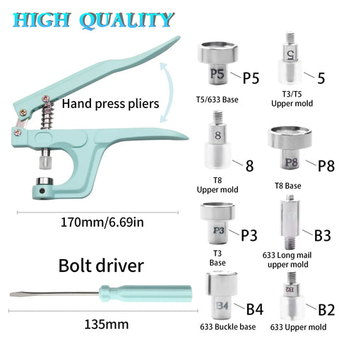 Snap Button Kit With Metal And Plastic Buttons And Fastener Pliers 140 Sets includes hand press pliers and bolt driver.