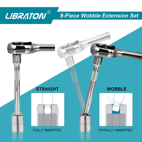 Heavy Duty Wobble Extension Set 9pc CrV Chrome Plated With EVA Storage Tray shown in straight and wobble positions