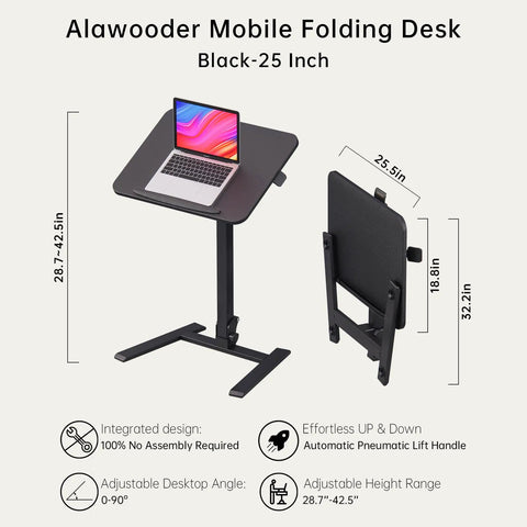 Mobile Folding Desk With Pneumatic Sit Stand No Tools Needed Setup Hassle Free 25 Inch Portable Laptop Desk Height Adjustable From 29 To 42 Inches Rolling Desk With Hidden Wheels Tilt Top 0 To 90 Degrees For Home Office Craft And Study, shown with laptop on a tilted surface.