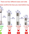 Comparison of four different glass fuses with dimensions and voltages, highlighting Six By Thirty Millimeter 6x30mm Fast Blow Glass Fuses 15 Amp 250 Volt F15AL250V