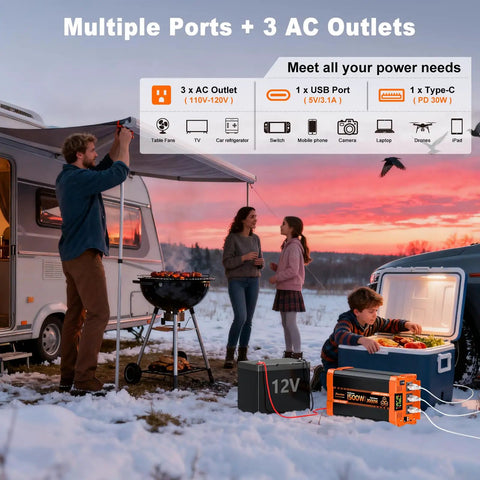 Hit The Open Road And Plug In Anywhere With This Beefy 1500 Watt Pure Sine Wave Inverter That Switches 12 Volts DC To Clean 110 V AC So Your Favorite Gadgets Run Smooth As Silk Without Dropping Power Mid Trip, in a camping scene with family using various devices.
