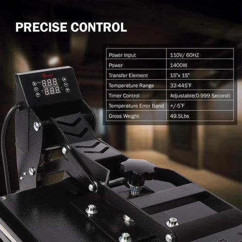 Close-up of control panel showing settings for 15x15 Inch Digital Sublimation Heat Press Machine Industrial Grade T Shirt Printer 1400W.