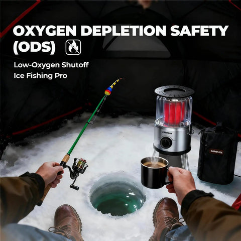 8,500 BTU Portable Propane Heater For Outdoors With Tilt Switch And Two Speed Heating shown in ice fishing tent