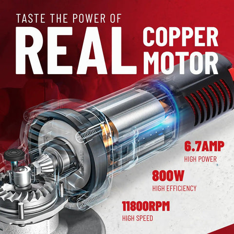 Heavy-Duty 4-1/2-Inch Angle Grinder With 6.7 Amp Motor 11,800 RPM showing interior copper motor design
