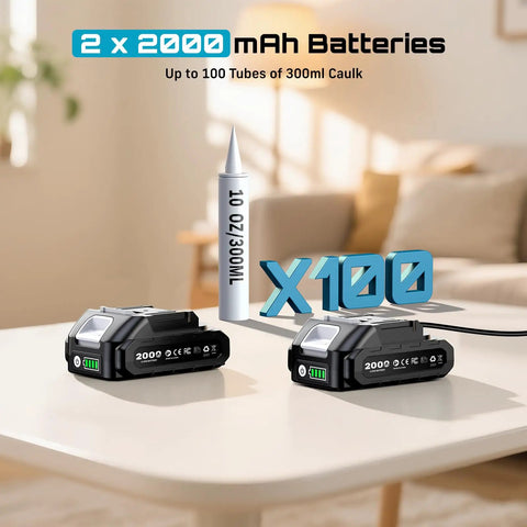 Cordless Caulking Gun 21V Battery Powered With Dual 2.0Ah Batteries charging on table beside caulk tube