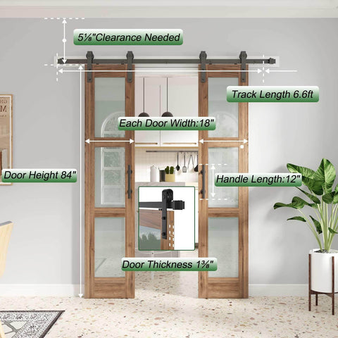 Front view of Double 18 By 84 Inch Glass Barn Doors With 36 Inch Opening, 6.6 Ft Beefed-Up Hardware Kit And Handle Included.