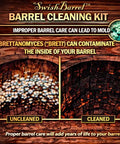 Aging Barrel Restoration And Maintenance Kit For 1 To 5 Liter Mini Barrels Built For Wine Spirits And Craft Cocktails Keeps Flavor Fresh After Each Aging Cycle With Easy Swish Barrel Care For Home Bar Use. barrel cleaning kit graphic showing cleaned and uncleaned wooden barrel interior