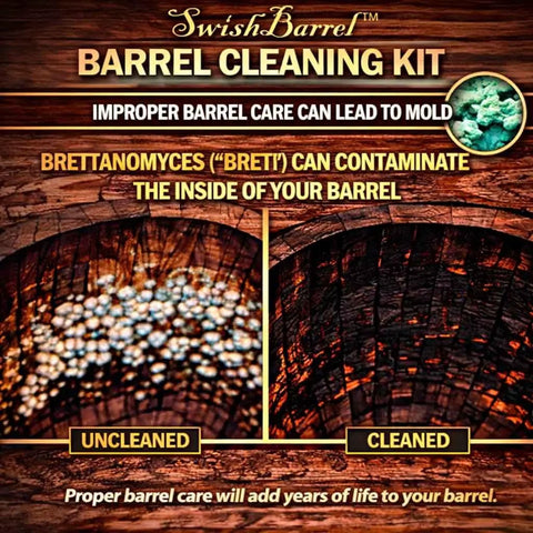 Aging Barrel Restoration And Maintenance Kit For 1 To 5 Liter Mini Barrels Built For Wine Spirits And Craft Cocktails Keeps Flavor Fresh After Each Aging Cycle With Easy Swish Barrel Care For Home Bar Use. barrel cleaning kit graphic showing cleaned and uncleaned wooden barrel interior