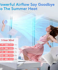 Woman enjoying breeze from 3 In 1 Personal Neck Fan And Handheld USB Rechargeable Mini Fan With 5 Speed LED Display, Quiet Motor in office