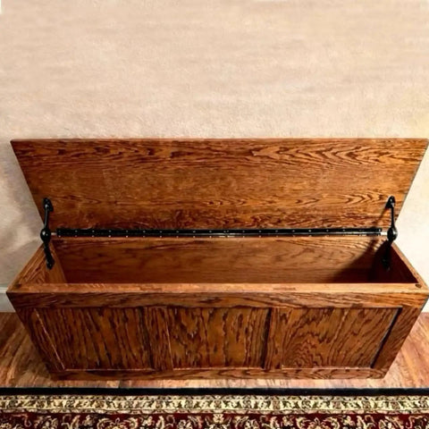 Heavy Duty Top Shelf Black Piano Hinge 48 Inches X 3 Inches Wide Stainless Steel Continuous Gate Door Hardware Tough Finish Cut To Size installed on a wooden chest.