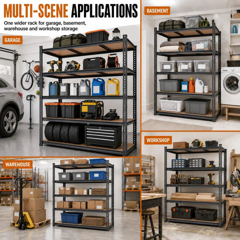 Extra Wide 46 Inch Garage Shelving System Heavy Duty Five Tier Storage Rack Holds 3000 Pounds Rock Solid Steel Frame Built Like A Tank For Garage Storage And Shop Organization
