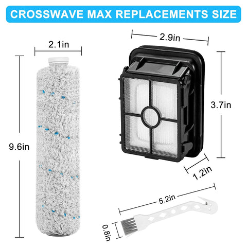 Front view of CrossWave Max replacement parts: microfiber roller, filter, and cleaning brush.