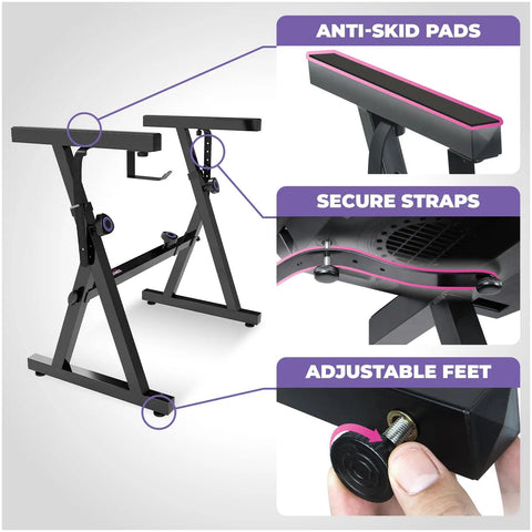Heavy Duty Keyboard Stand And Adjustable Bench Set For 54-88 Key Pianos with anti-skid pads, secure straps, and adjustable feet