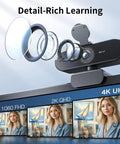 Hassle Free 4K Webcam For PC With Smart Optical Tracking And Dual Noise Cutting Mics, showcasing lens details and video quality options.