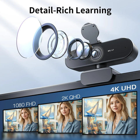 Hassle Free 4K Webcam For PC With Smart Optical Tracking And Dual Noise Cutting Mics, showcasing lens details and video quality options.