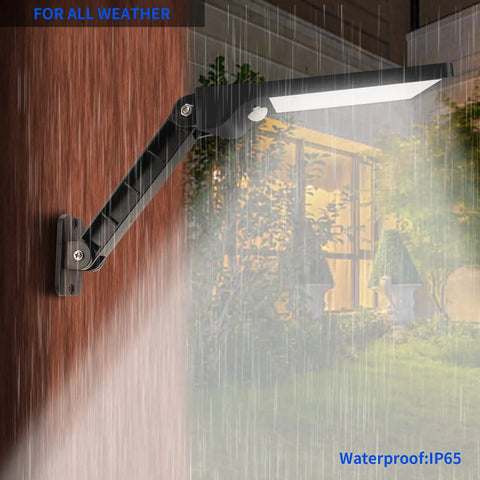 Solar Lights Outdoor With Remote Control, 56LED 180 Degree Adjustable Security Night Light mounted on wall in rain, motion sensor visible.