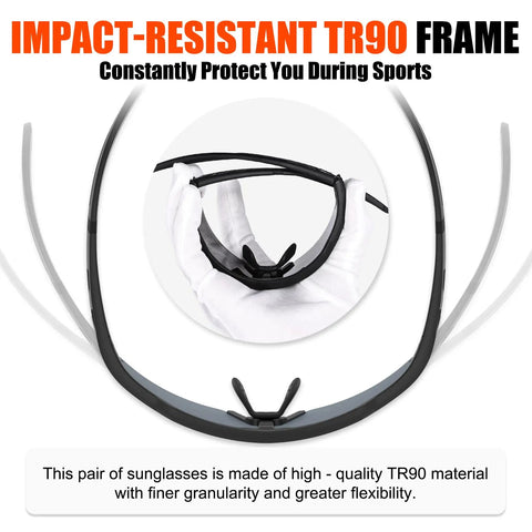 Impact-resistant TR90 frame showcasing flexibility of Polarized Cycling Glasses With Five Interchangeable Lenses For MTB And Running Sports.