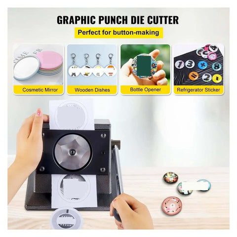 Beefy Round Punch Die Cutter One And A Quarter Inch 32mm Cast Iron Manual Punch Press For Badges And Buttons with graphic samples.