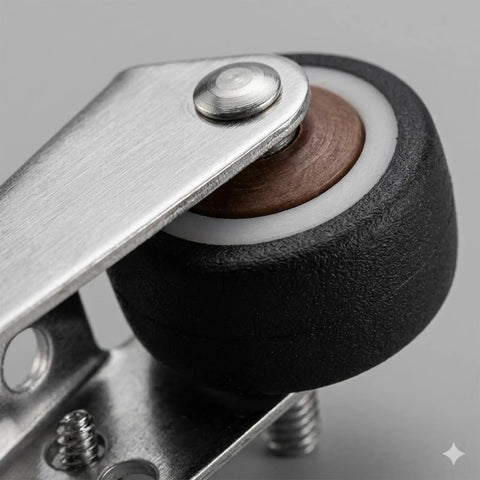 Smooth Operator Vertical Track Roller For Heavy Duty Sliding Barn Doors With Rock Solid Anti Sag Bracket And Quiet Double Bearing Rubber Bottom Wheels Upgrade Kit close-up view of roller wheel and metal bracket.
