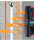 Built Tough 3 In 1 Stud Finder Wall Scanner displays material types and depths, including wood, cables, and copper pipes.