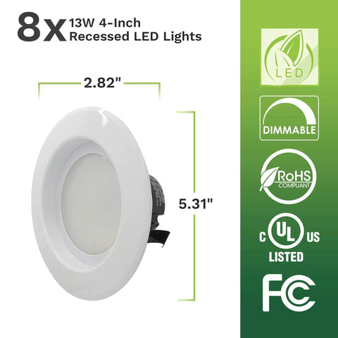 8 Pack 4 Inch LED Recessed Retrofit Downlights 13W 90 CRI Dimmable 2700K Warm White 910 Lumen Ceiling Light UL Listed JA8 CEC
