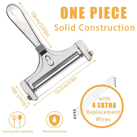 Adjustable Cheese Slicer With Four Replaceable Stainless Wires Heavy Duty Aluminum Alloy Handheld Cheese Cutter showing solid construction and dimensions.