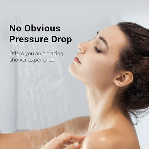 Woman enjoying shower using Premium Shower Head Water Filter Replacement Cartridges Featuring Advanced KDF Filtration Material