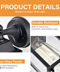 Close-up of black exterior wall lantern set of 2 for porch entryway, featuring weatherproof aluminum and clear glass panels.