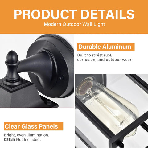 Close-up of black exterior wall lantern set of 2 for porch entryway, featuring weatherproof aluminum and clear glass panels.