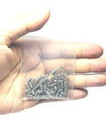 Hand holding 50-piece 8-32 x 1/4 inch stainless steel Allen head set screws with 5/64 inch Allen wrench, hex socket grub screws in a bag.